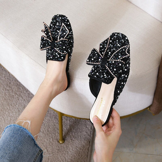 Rhinestone Bowknot Design Pointed Toe Women's Flat Slip-On Mule Slides