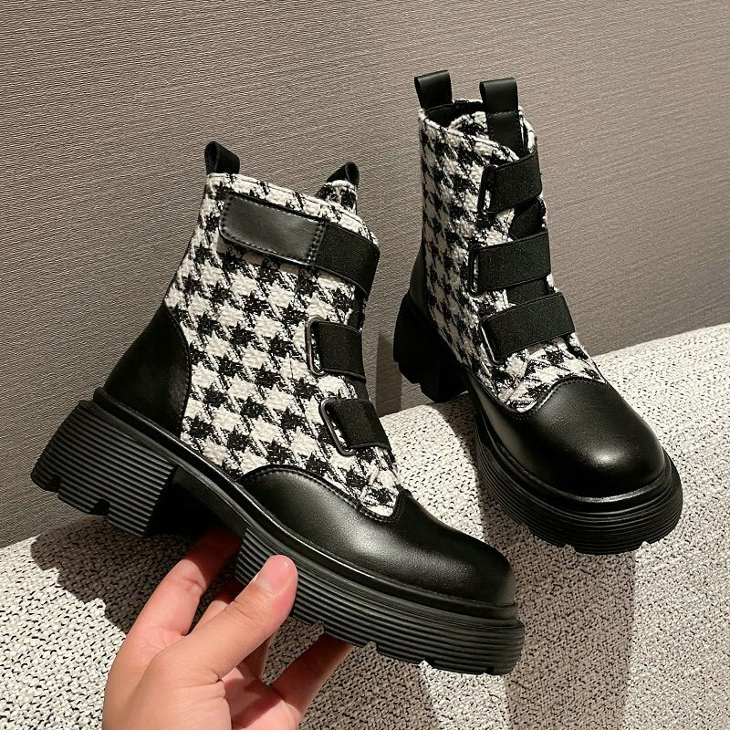 English Houndstooth Plaid Women's Genuine Cow Leather Checker Print Round Toe Martin Ankle Boots