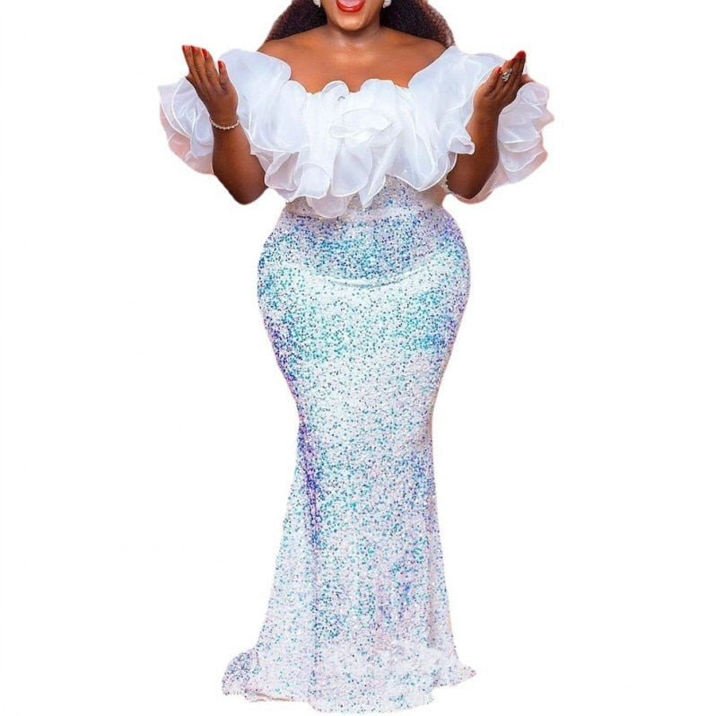 Glitter Sequin Ruffled White/Baby Blue Off-the-Shoulder Trumpet Mermaid Maxi Dress to 3X Plus Size