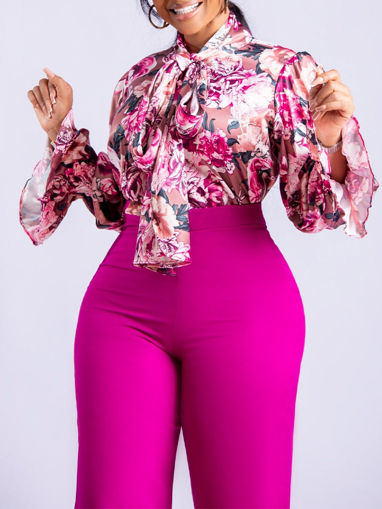 Bowtie Detail Floral Print Long Sleeve Blouse + Solid Color High Waist Trouser Pants Women's 2-Piece Set