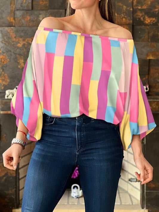 Floral/Geometric/Striped Loose Lantern Sleeve Off-the-Shoulder Blouse to 3X Plus Size