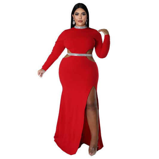 Silver Sash Design Holllow-Out O-Neck Long Sleeve High Side Slit Maxi Party Dress to 4X Plus Size