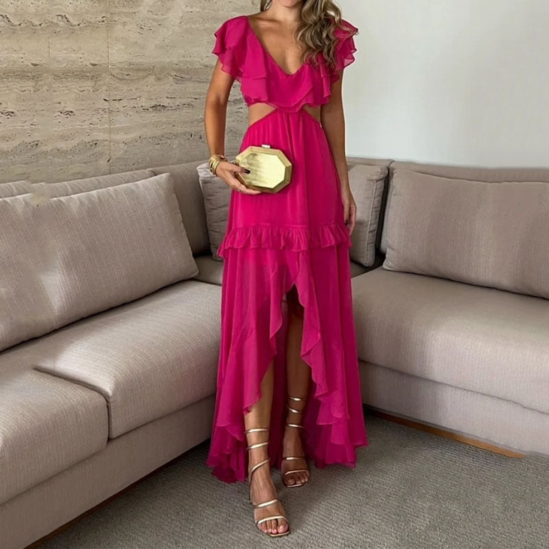 Ruffled Hollow-Out Butterfly Sleeve V-Neck Open Waist Chiffon Maxi Dress
