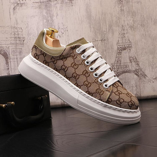 Men's Designer Cloth Monogram Brown/Tan Black/Grey Canvas Lace-Up Rubber Sole Sneakers