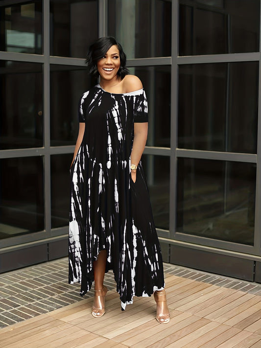 Colorblock Tie-Dye Short Sleeve Asymmetrical Hem Maxi Dress to 5X Plus Size