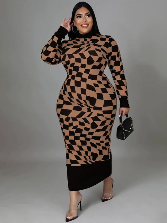 Checker Print O-Neck Bodycon Stretch Long Sleeve Maxi Dress to 5X Plus Size