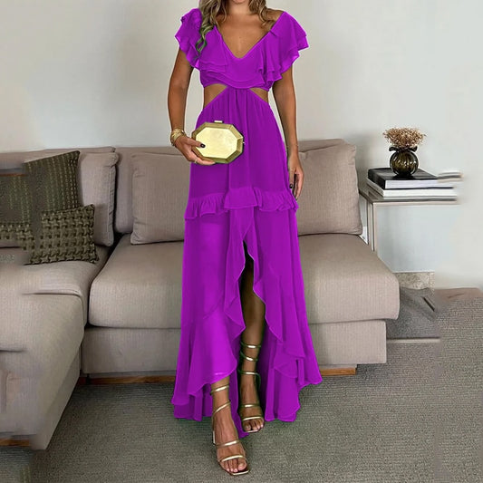 Ruffled Hollow-Out Butterfly Sleeve V-Neck Open Waist Chiffon Maxi Dress