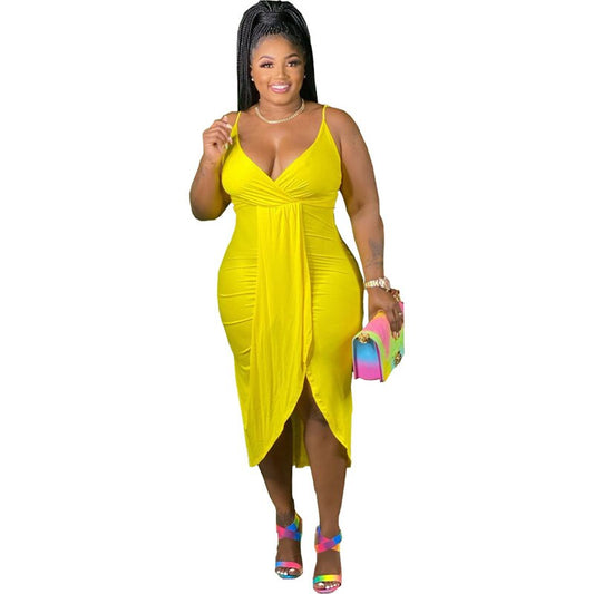 Wrapped Spaghetti Strap V-Neck Bodycon Stretch Sling Solid Color Midi Dress to 5X Plus Size