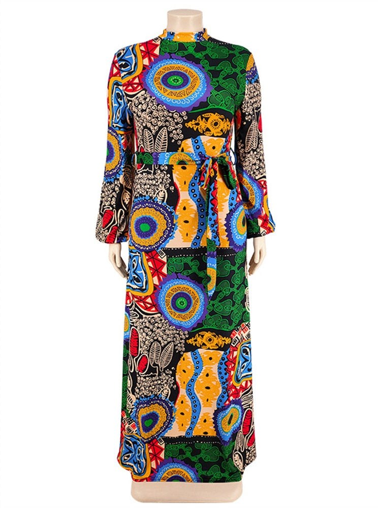 African Geometric Print O-Neck Long Sleeve Maxi Dress to 5X Plus Size