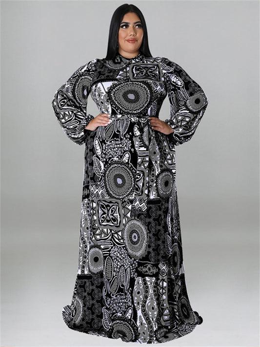 African Geometric Print O-Neck Long Sleeve Maxi Dress to 5X Plus Size