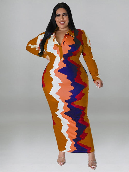 Tie-Dye Geometric Colorblock Turn-Down Collar Long Sleeve V-Neck Maxi Shirt Dress to 5X Plus Size
