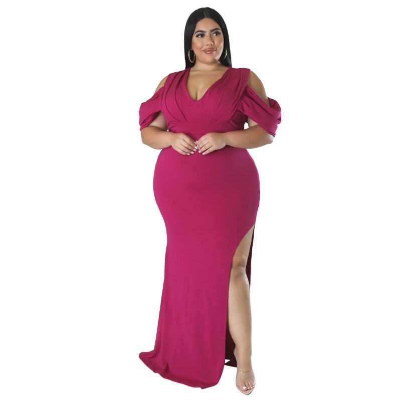 Pleated Cut-Out Cold Shoulder V-Neck High Slit Solid Color Maxi Party Dress to 5X Plus Size