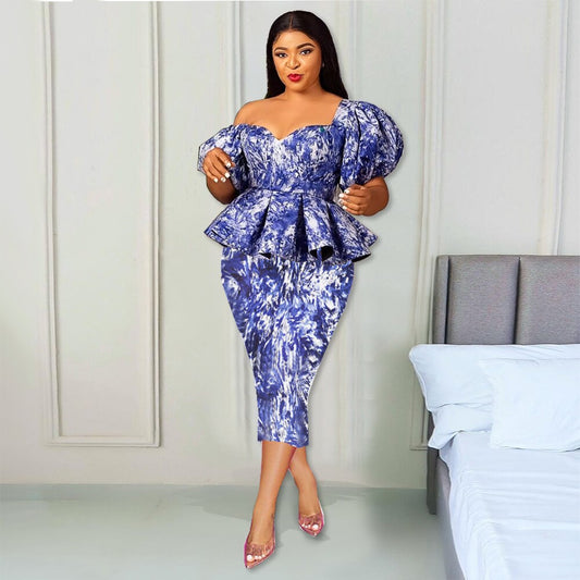 Blue/White Floral Peplum Puff Sleeve Evening Formal Dress to 4X Plus Size