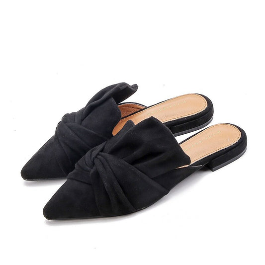 Ladies Flock Bowknot Flat Pointed Toe Slip-On Mules
