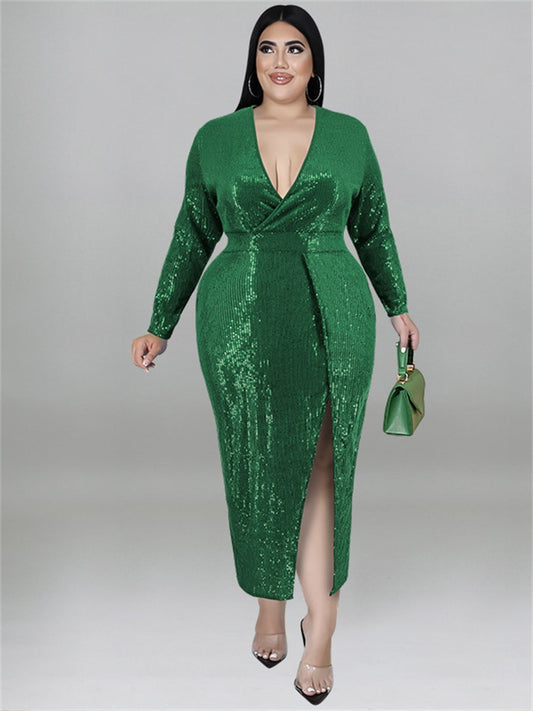 Sparkling Sequin V-Neck Bodycon Formal Evening Midi Dress to 5X Plus Size
