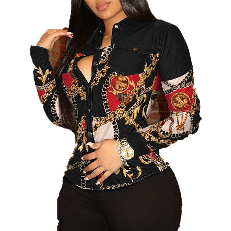 Faux Leather Turn-Down Collar Plaid/Baroque/Solid Printed Women's Long Sleeve Button Front Blouses