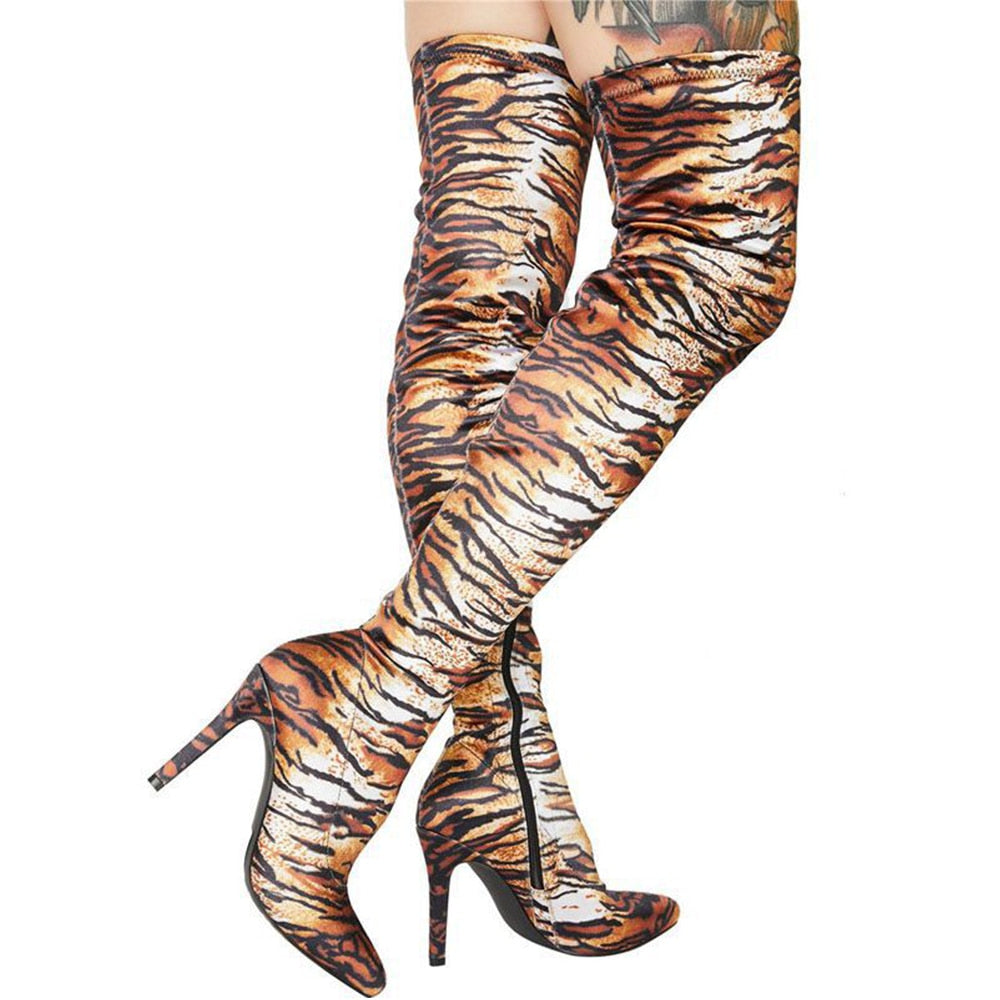 Zebra/Cheetah/Pink Leopard/Snake/Graffiti/Satin Solid Color Print Pointed Toe Thigh High Women's Stretch Over-the-Knee Zipper Stiletto Heel Boots