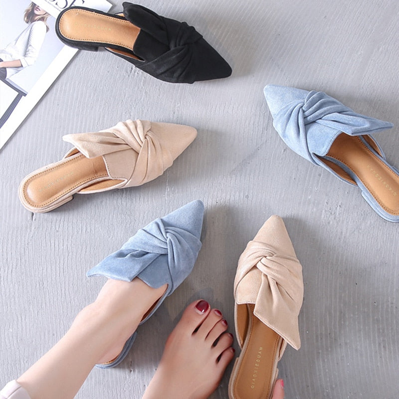 Ladies Flock Bowknot Flat Pointed Toe Slip-On Mules