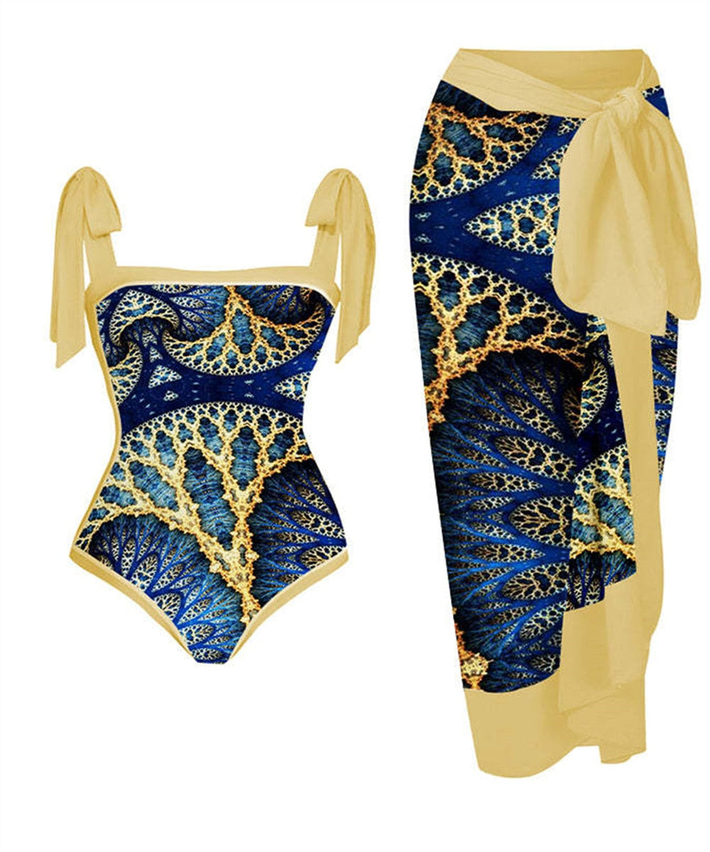 Vintage Tempermant Colorblock/Floral/Gradient One-Piece Swimsuit w/ Matching Mesh Sarong Skirt Women's 2-Piece Swimwear Set