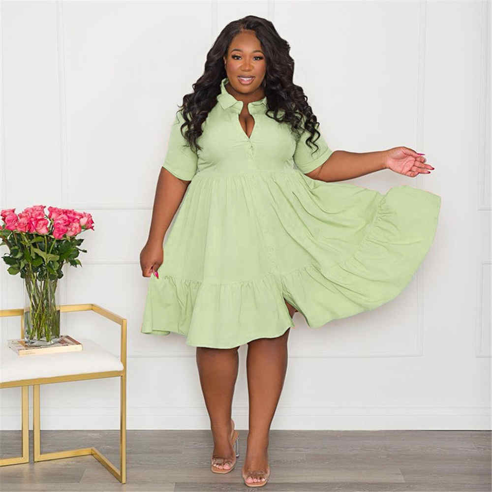 Ruffled Hem Solid Color Short Sleeve Turn-Down Collar Shirt Dress to 5X Plus Size
