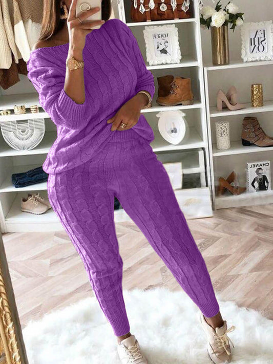 Off-the-Shoulder Women's Weave Pattern Sweater w/ Knitted Pants 2-Piece to 5X Plus Size