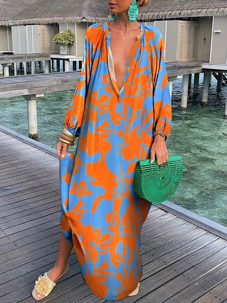 Bohemian Geometric/Floral Deep V-Neck Vintage Print Long Sleeve Maxi Dress