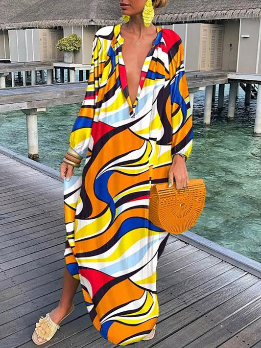 Bohemian Geometric/Floral Deep V-Neck Vintage Print Long Sleeve Maxi Dress