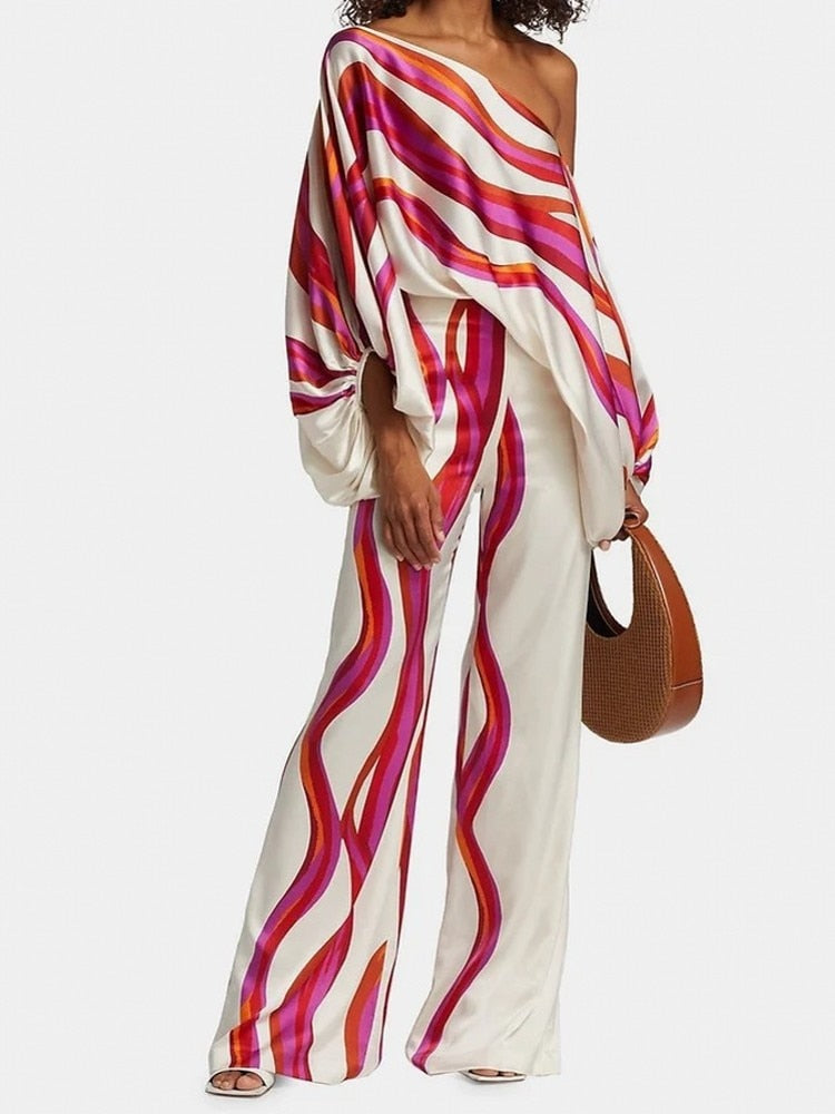 Satin Geometric Colorblock/Zebra/Floral Off-the-Shoulder Shoulder Long Sleeve Blouse + Loose Pants Women's 2-Piece Set