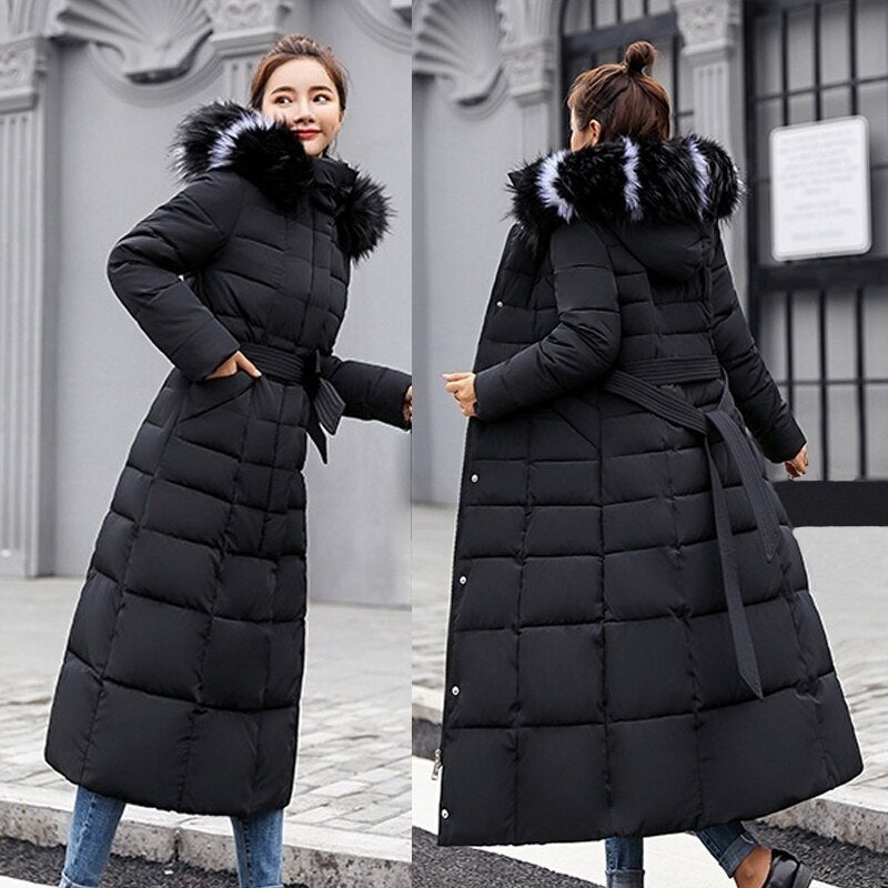 Quilted Fox Fur Collar Goose Down Women's Bow Belted Hoodie Trenchcoat to 3X Plus Size