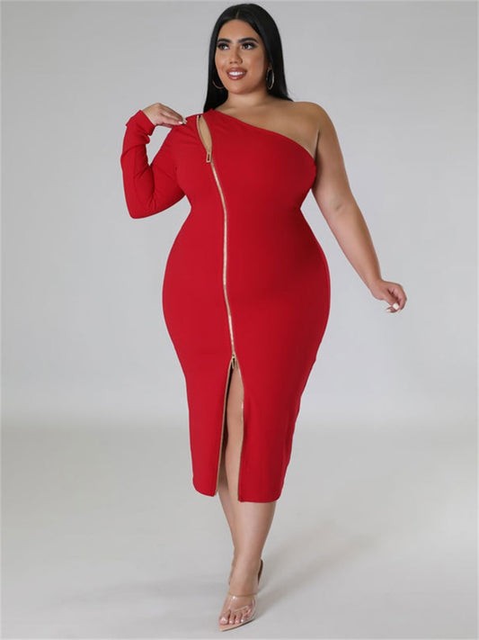 Asymmetrical One Sleeve Zipper Design Solid Color Maxi Dress Plus to 5X Plus Size