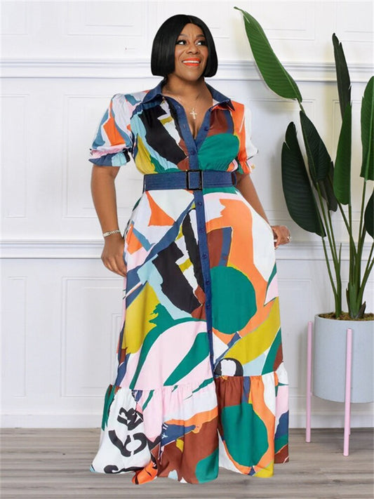 Geometric Patchwork Print Button Front Short Sleeve Maxi Office Dress to 5X Plus Size