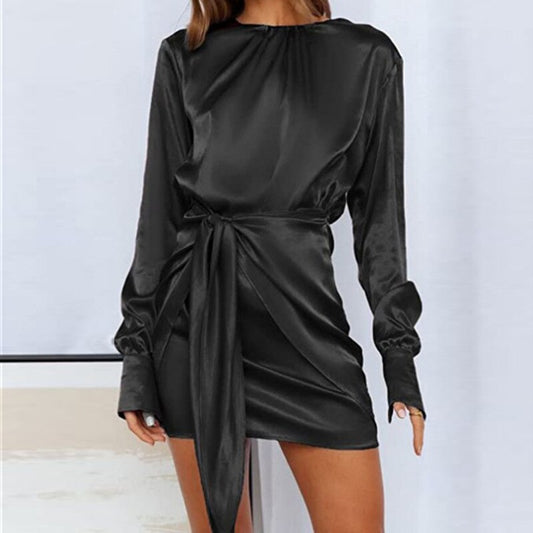 Satin Long Sleeve Round Neck Elastic Lace MiniDress w/ Belt