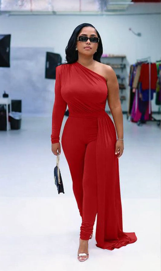 Asymmetrical Irregular Solid Color One Sleeve Jumpsuit w/ Sash Belt