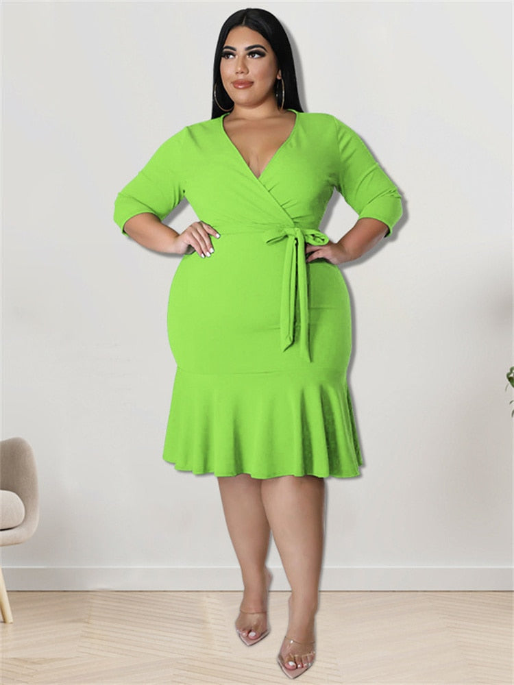 Ruffled Hem Solid Color 1/2 Sleeve Deep V-Neck Bandage Midi Dress to 5X Plus Size