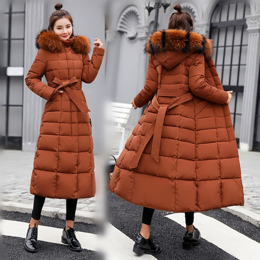 Quilted Fox Fur Collar Goose Down Women's Bow Belted Hoodie Trenchcoat to 3X Plus Size