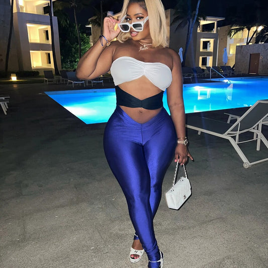 Satin Strapless Bodycon Hollow-Out Contrast Color Tube Skin Tight Women's Jumpsuit