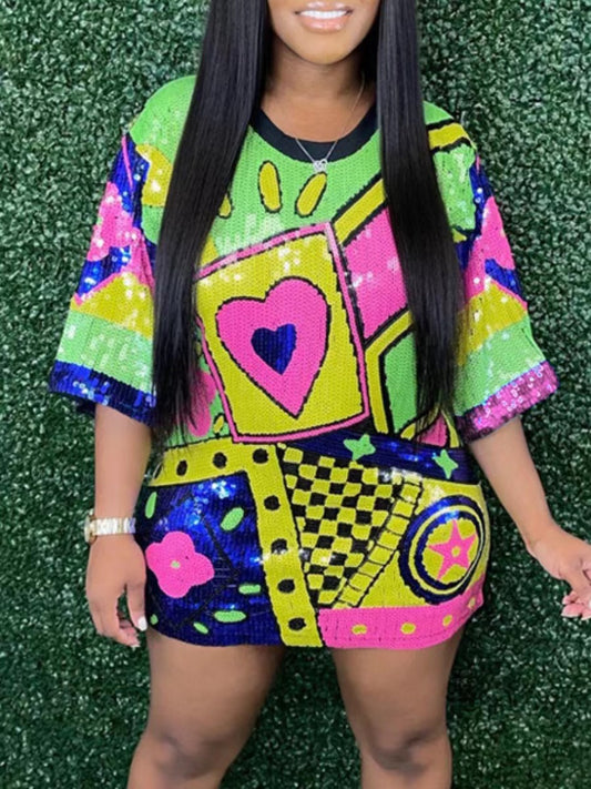 "IT'S MY BIRTHDAY" "CAUTION DRUNK BIRTHDAY BITCH" Sequined Letter Print Drop Shoulder Straight O-Neck Mini Dress to 5X Plus Size