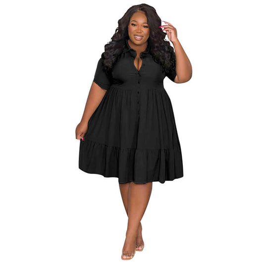 Ruffled Hem Solid Color Short Sleeve Turn-Down Collar Shirt Dress to 5X Plus Size