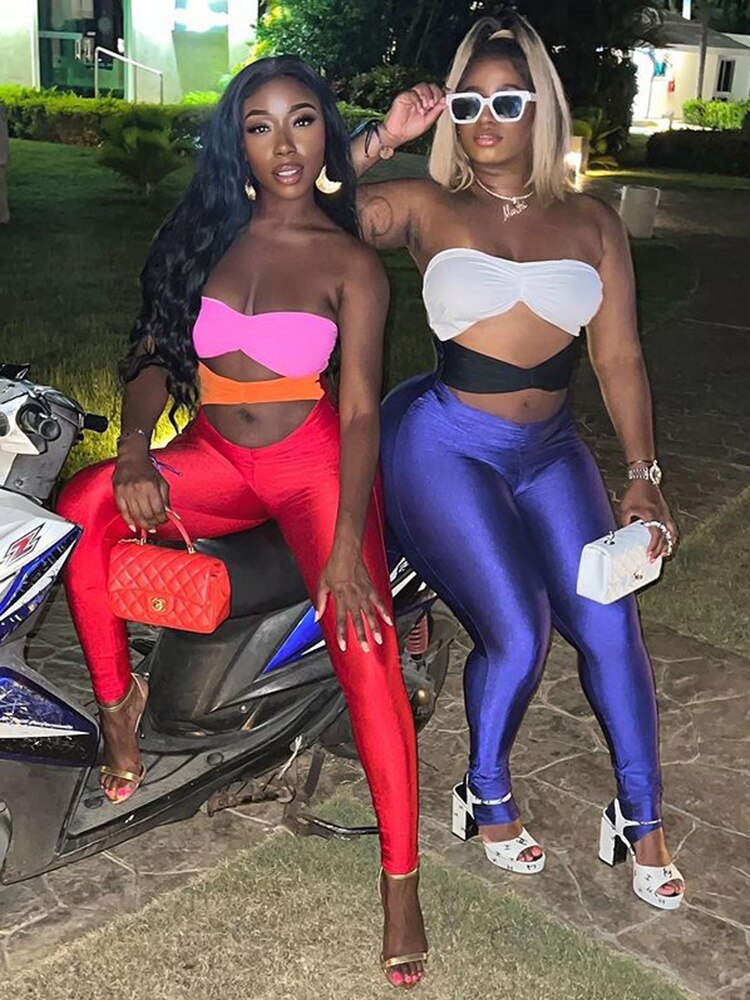 Satin Strapless Bodycon Hollow-Out Contrast Color Tube Skin Tight Women's Jumpsuit