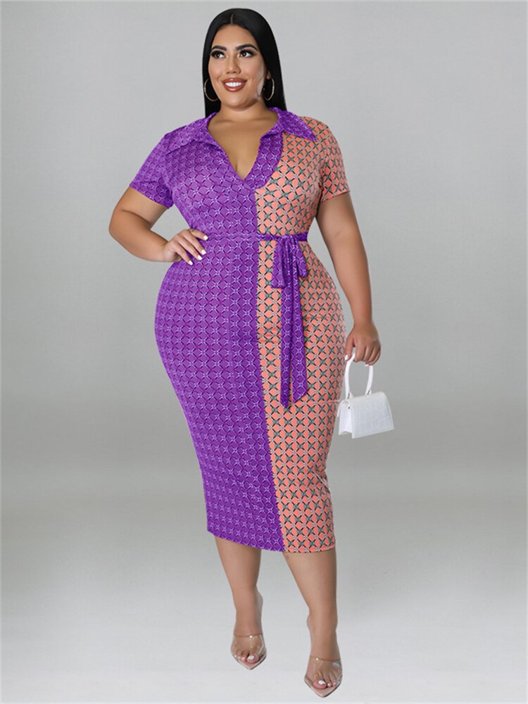 Plaid Colorblock Turn-Down Collar Patchwork Short Sleeve Bodycon Stretch Maxi Dress w/ Sash Belt to 5X Plus Size