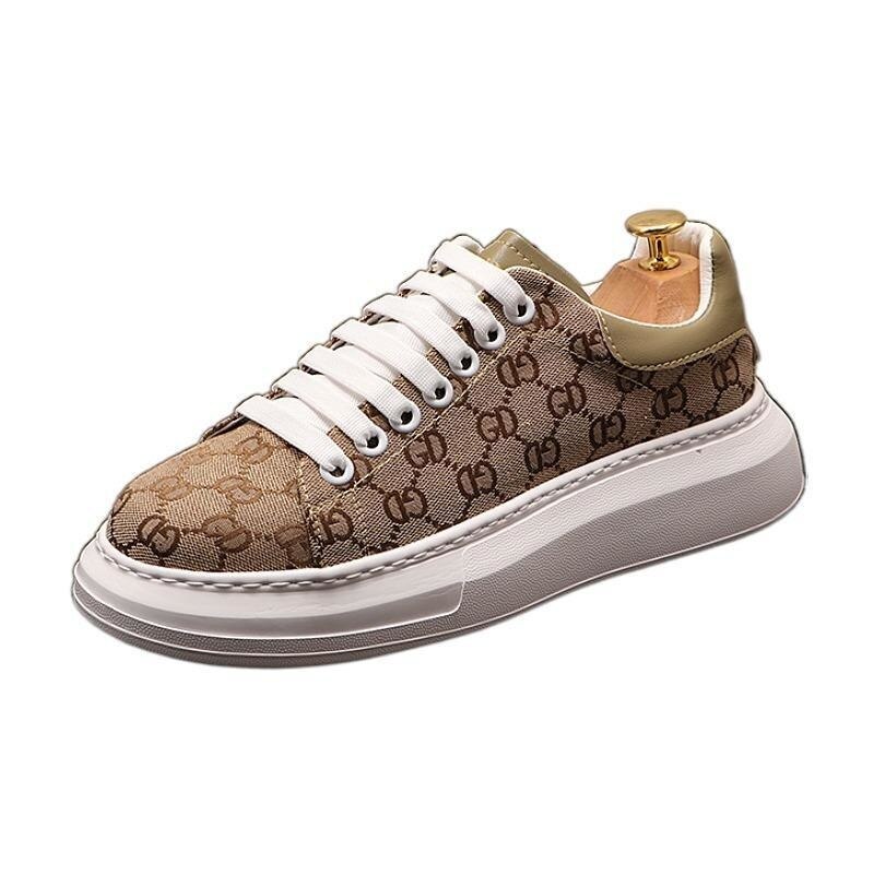 Men's Designer Cloth Monogram Brown/Tan Black/Grey Canvas Lace-Up Rubber Sole Sneakers