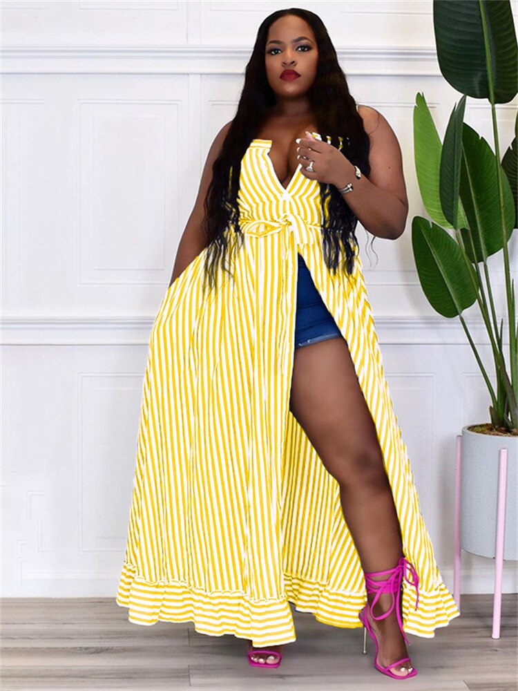 Striped Bohemian Spaghetti Strap Tank V-Neck Sash Belt High Slit Loose Maxi Dress