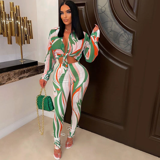 Geometric Swirl Striped Printed Lace-Up Long Sleeve Blouse + Leggings 2-Piece Sets