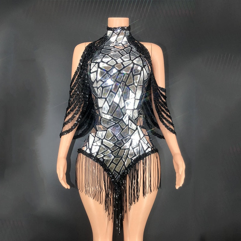 Silver Mirror Metallic Sequin Backless Dance Stage Performance Costume Bodysuit