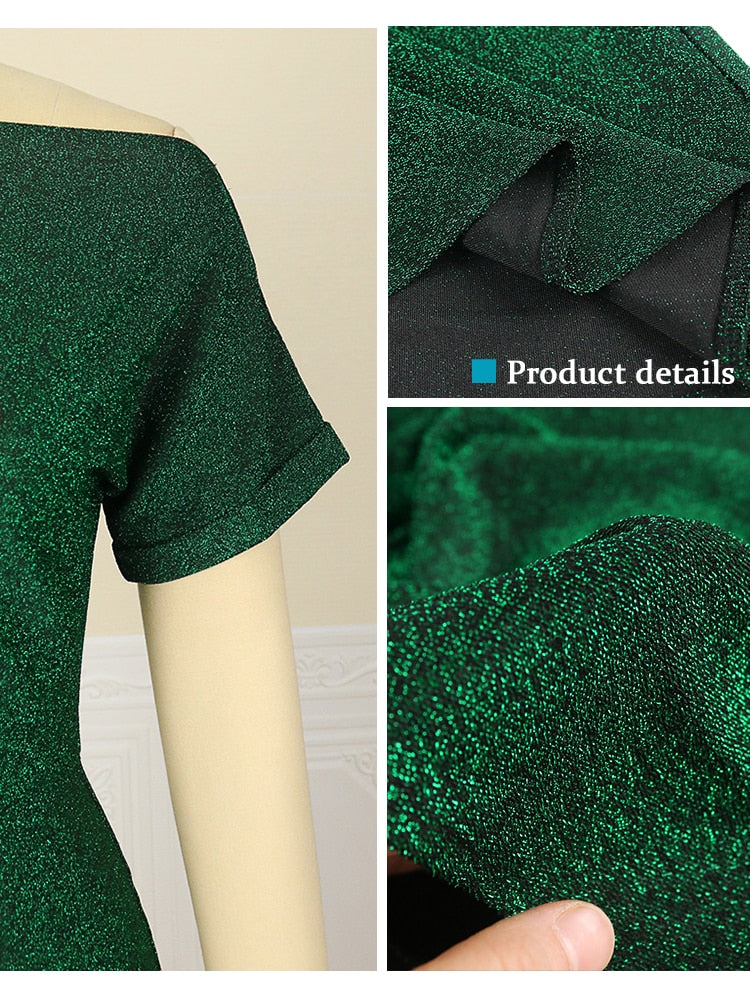 Sequined Glitter Green Short Sleeve Slash Neck High Waist Mermaid Maxi Formal Party Dress