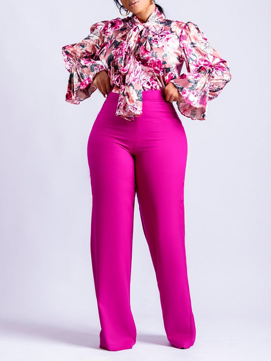 Bowtie Detail Floral Print Long Sleeve Blouse + Solid Color High Waist Trouser Pants Women's 2-Piece Set
