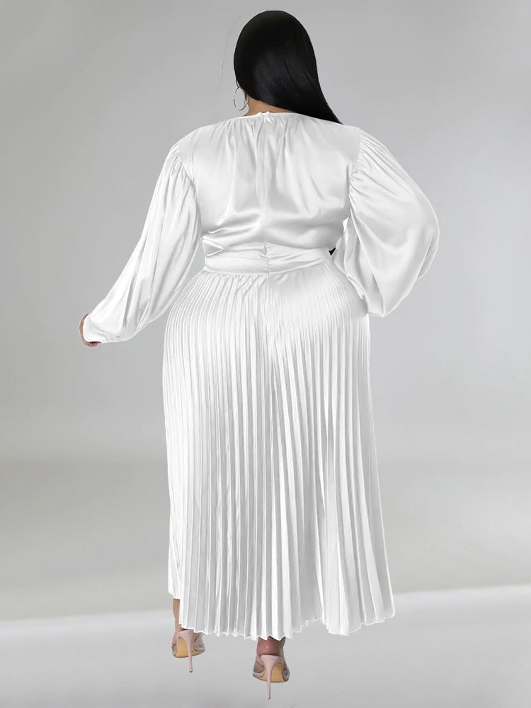 Formal Solid Color O-Neck Pleated Maxi Dress to 5X Plus Size