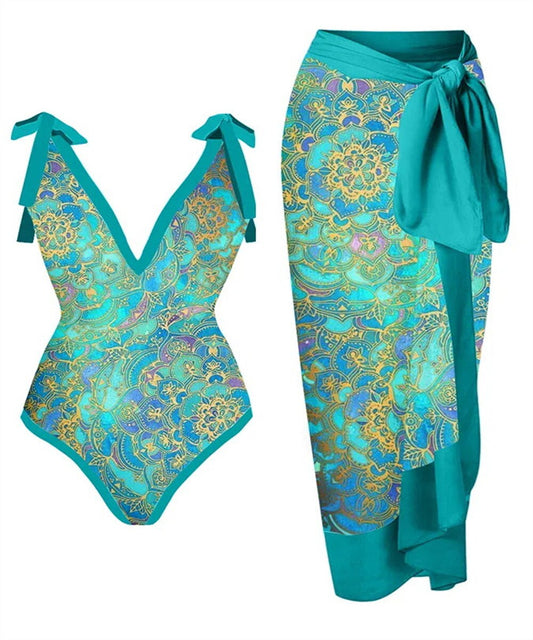 Vintage Tempermant Colorblock/Floral/Gradient One-Piece Swimsuit w/ Matching Mesh Sarong Skirt Women's 2-Piece Swimwear Set