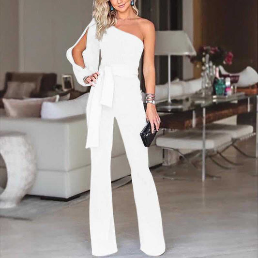 Sequin Patchwork Asymmetrical One Shoulder Long Sleeve/Sleeveless Slim Bodycon Jumpsuit