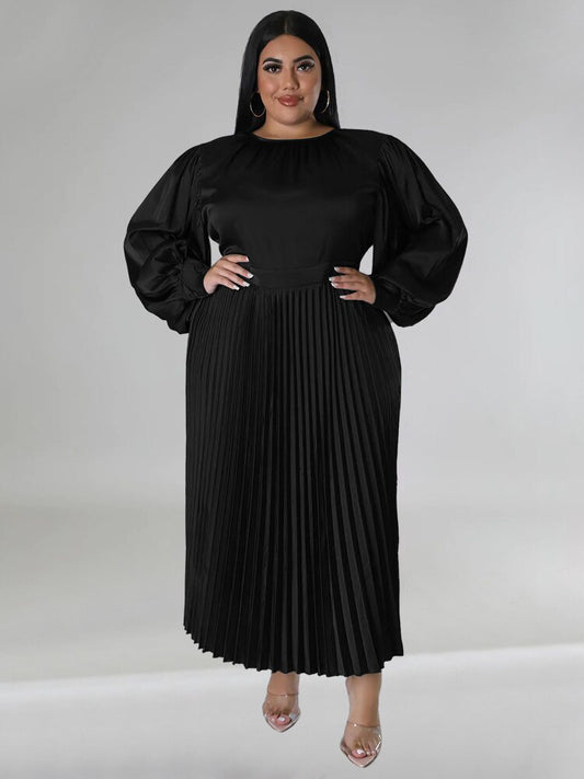 Formal Solid Color O-Neck Pleated Maxi Dress to 5X Plus Size